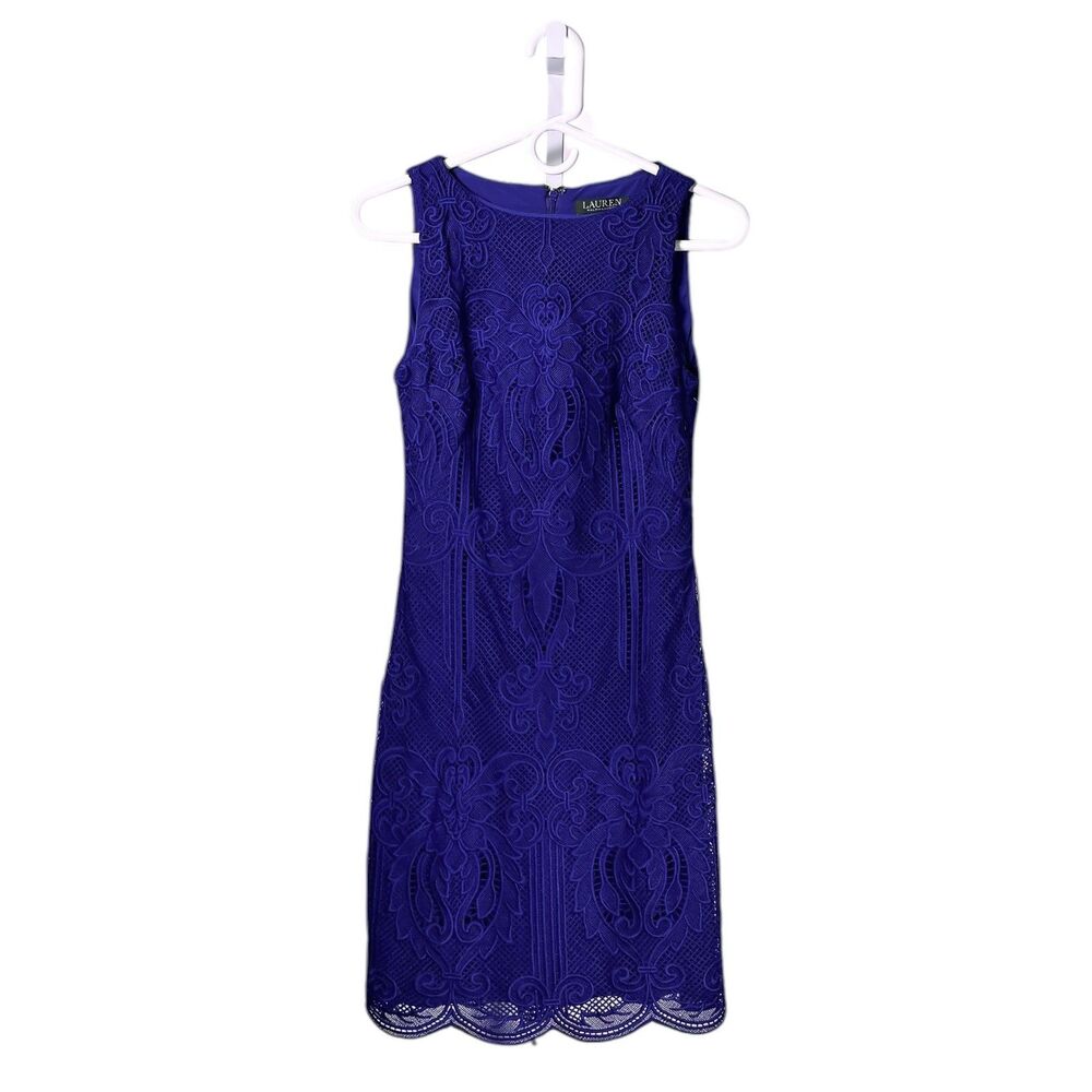 Ralph Lauren Women’s Dress 2 Blue Corded Guipure Lace Floral Sleeveless Sheath